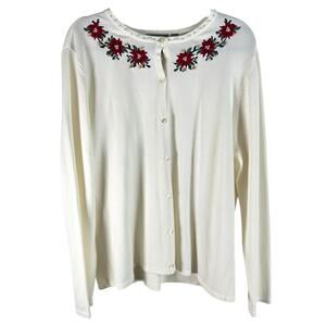Croft Barrow XL Christmas Poinsettia Beaded Cardigan Cream Holiday Party kitschy